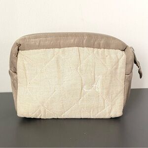 Pottery Barn Tan Quilted Toiletry Bag Initial “A” Linen Cotton Cottage Coastal